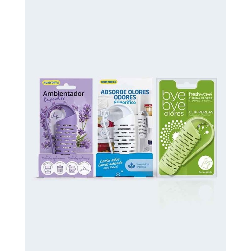 Pack de três clips ambientadores, absorve-odores e neutralizadores de odores
